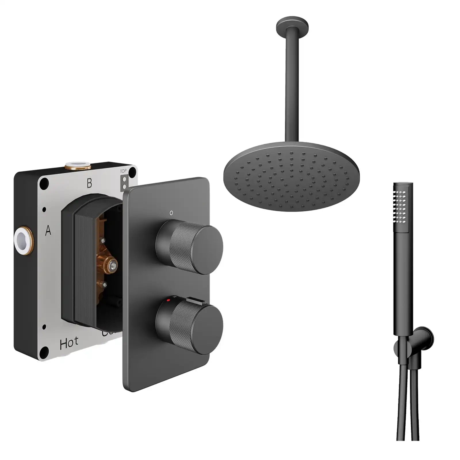 Abacus ISO PRO Fixed Round Shower Head with 2 Outlet Shower Valve, Ceiling Arm & Handset