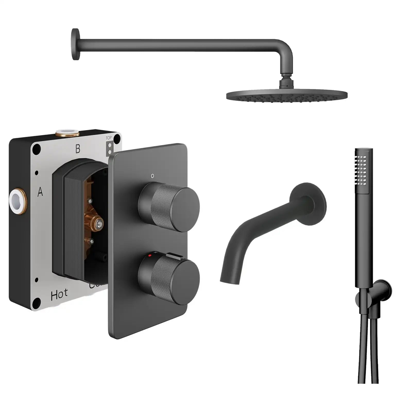 Abacus ISO PRO Fixed Round Shower Head with 3 Outlet Shower Valve, Wall Arm, Bath Spout & Handset