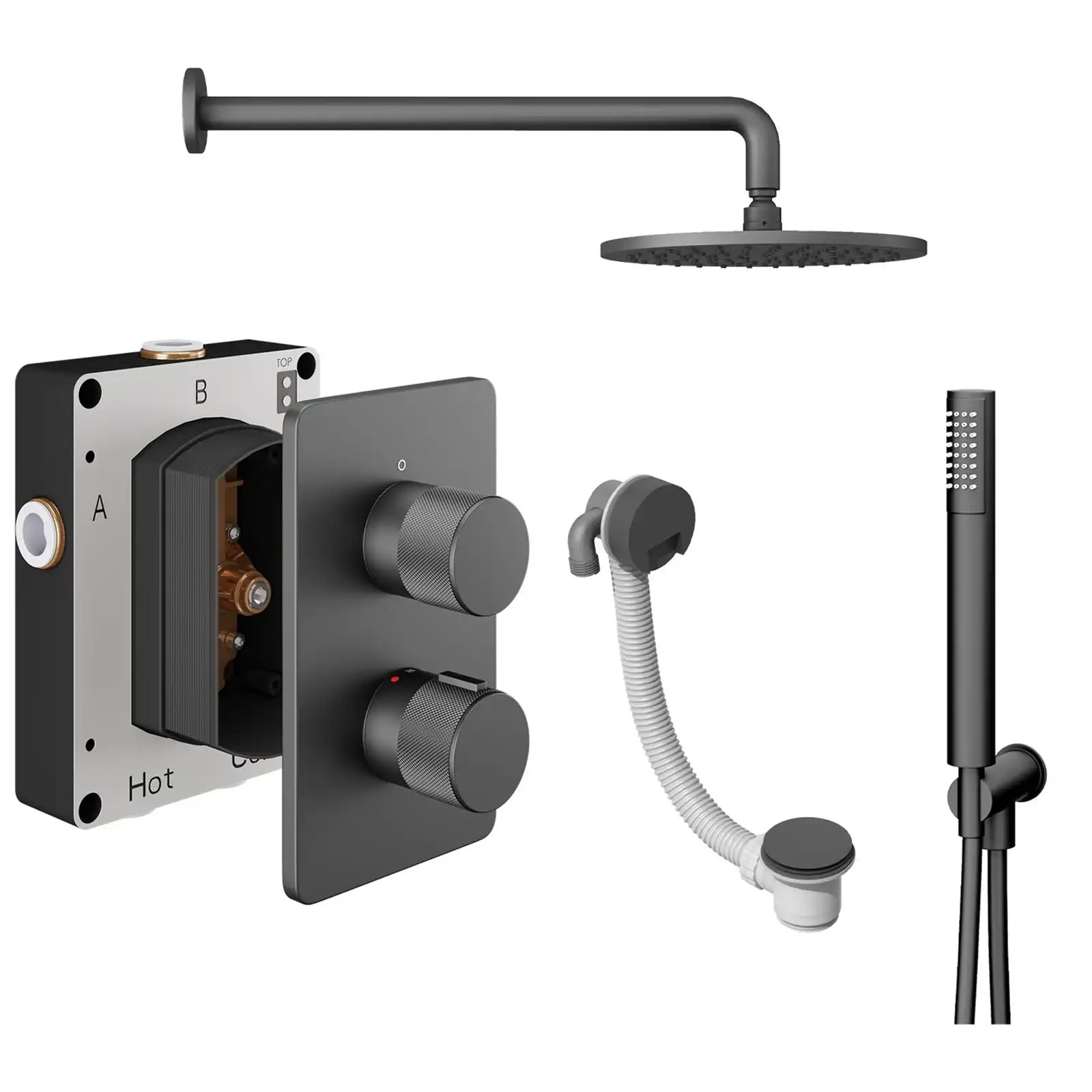 Abacus ISO PRO Fixed Round Shower Head with 3 Outlet Shower Valve, Wall Arm, Bath Filler & Handset