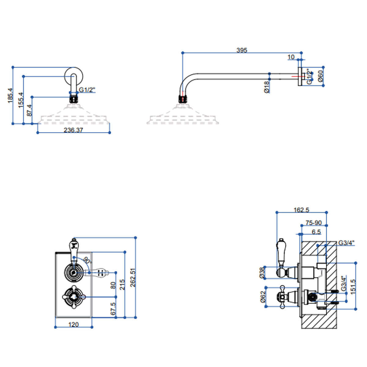Burlington Trent Thermostatic Single Outlet Concealed Shower Valve & Fixed Shower Arm with Rose