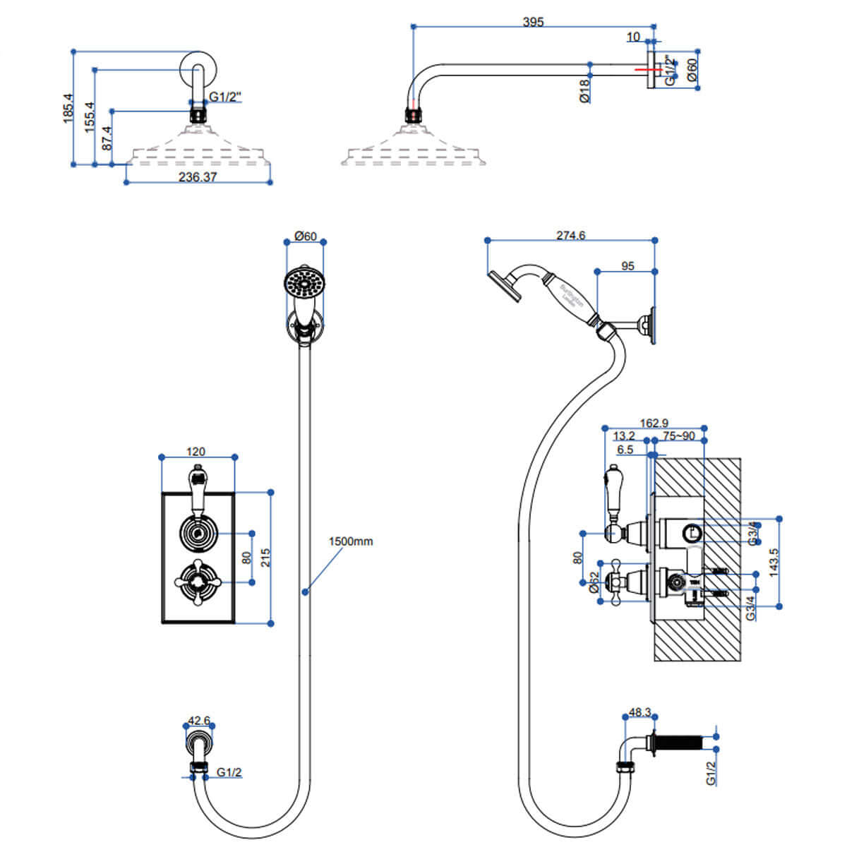 Burlington Trent Chrome Thermostatic Dual Outlet Concealed Divertor Shower Valve Set