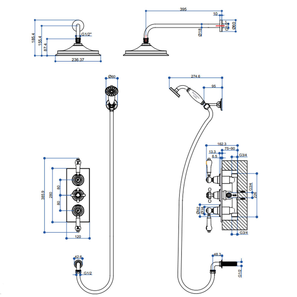 Burlington Trent Chrome Thermostatic Dual Outlet Concealed Shower Valve Set