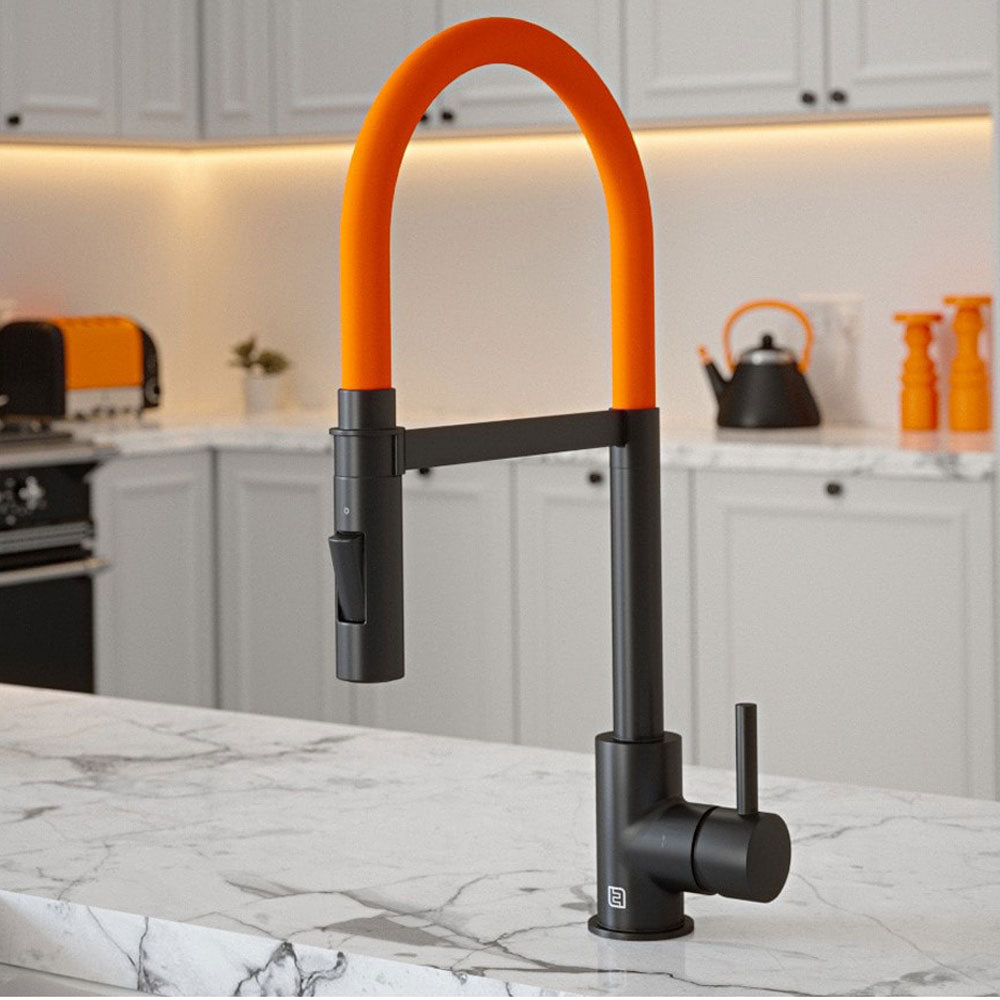 The Tap Factory Vibrance Tube Black and Orange Pullout Spout Single Lever Sink Mixer Tap