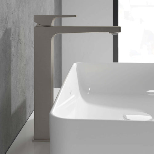 Villeroy & Boch Architectura Brushed Nickel Matt Square Tall single Lever Basin Mixer Tap with Push Open Waste