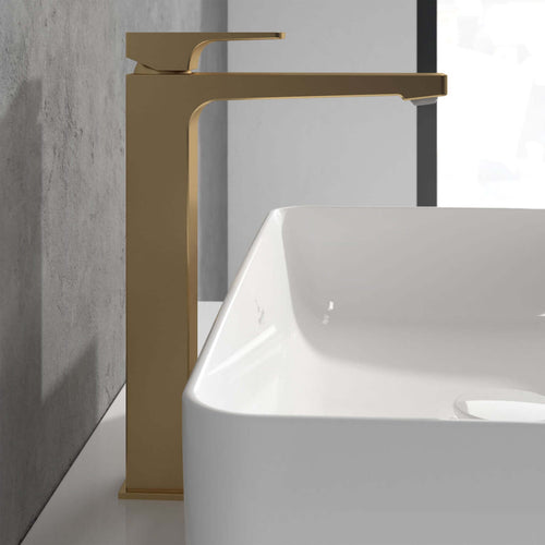 Villeroy & Boch Architectura Brushed Gold Square Tall single Lever Basin Mixer Tap with Push Open Waste