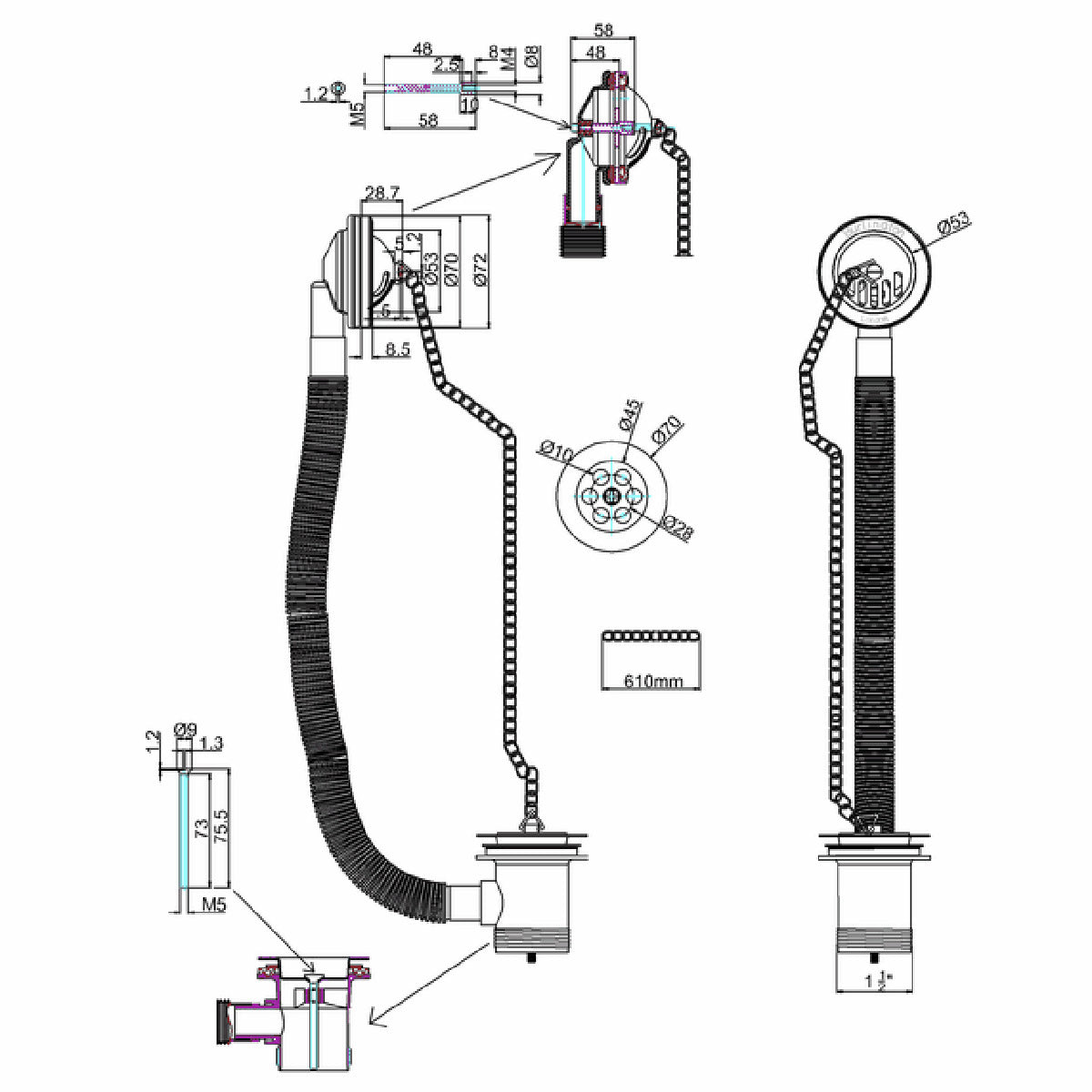 Burlington Chrome Bath Overflow, Plug & Chain Waste
