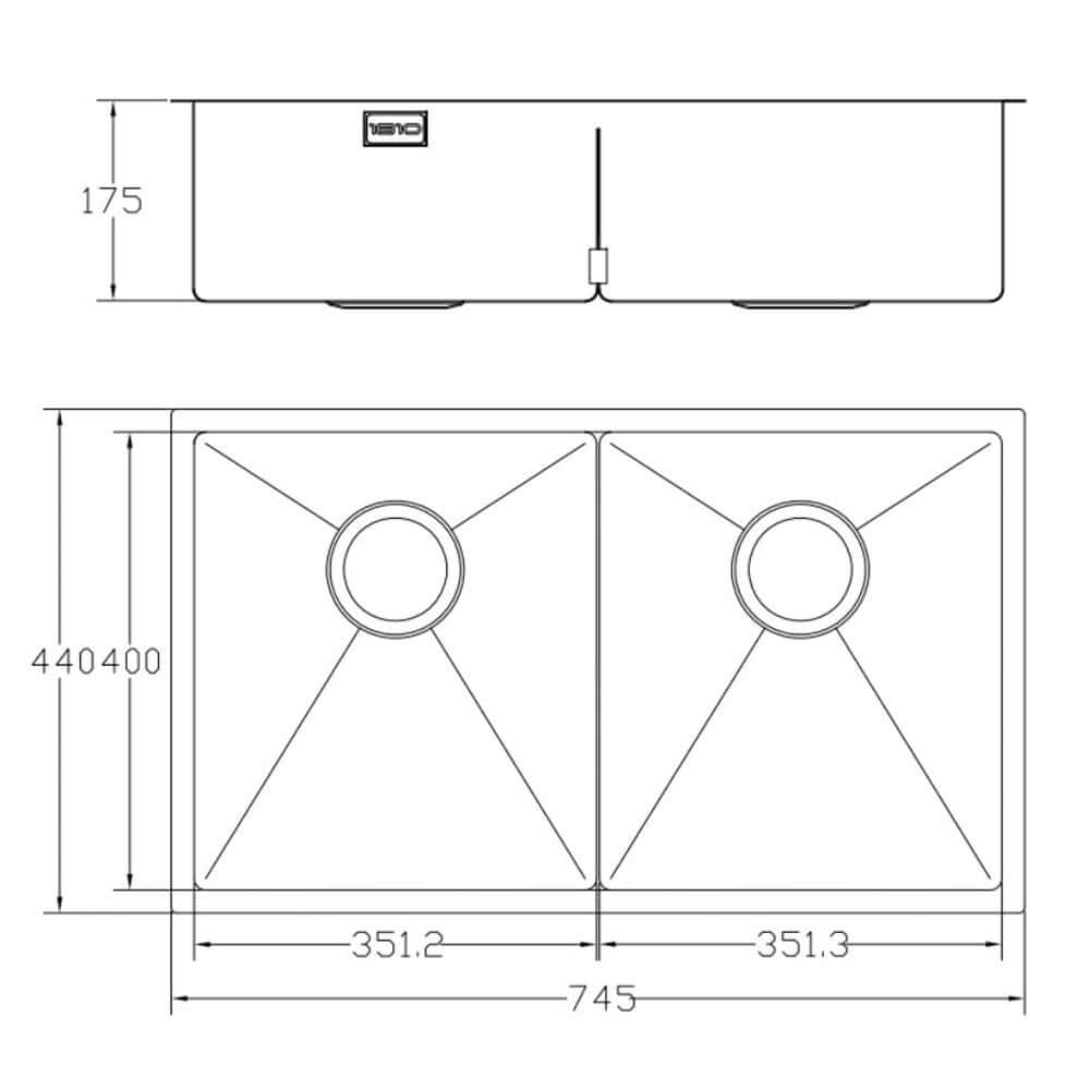 The 1810 Company Zen10 Slim Bridge 351/351U 2 Bowl Stainless Steel Kitchen Sink & Waste