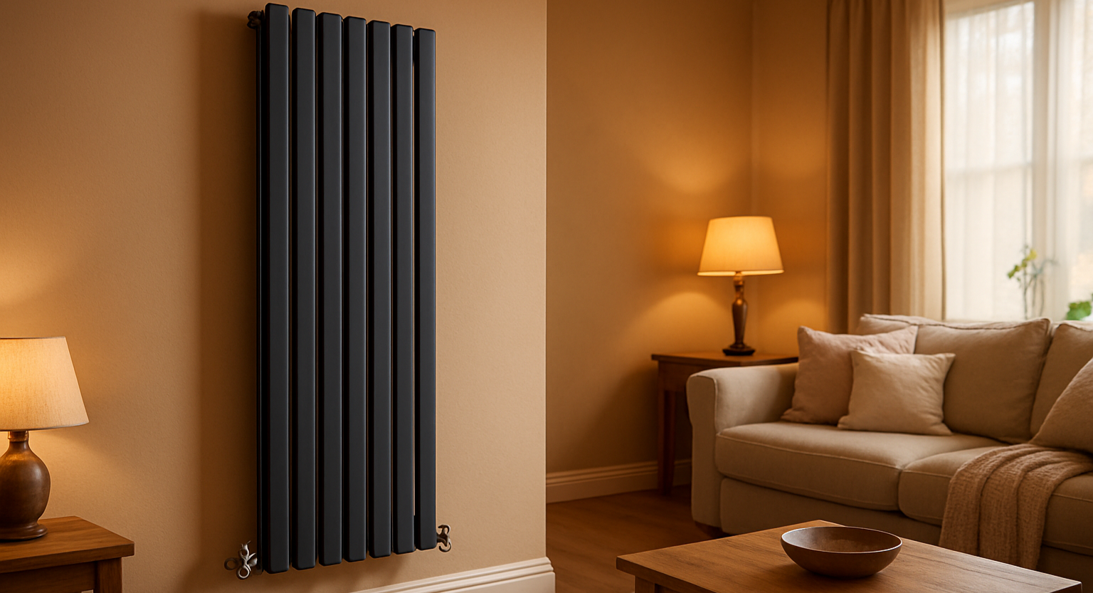 A vertical radiator in a nice cosy living room
