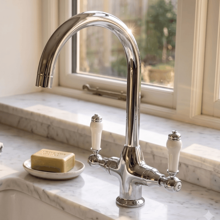 Astini Colonial Ceramic White Handle Twin Lever Kitchen Mixer Tap