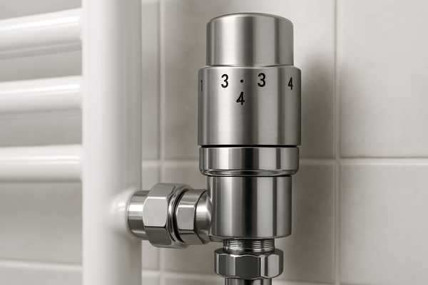 Close up of a thermostatic valve on a towel radiator