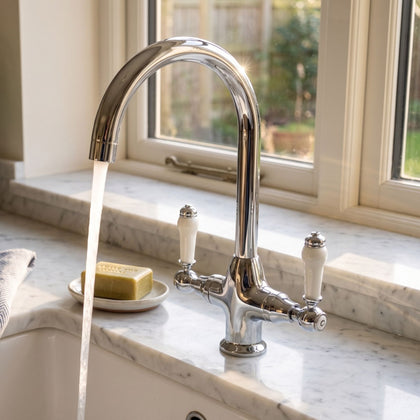 Astini Colonial Ceramic White Handle Twin Lever Kitchen Mixer Tap