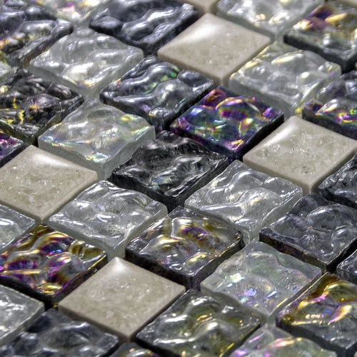 Luxury Textured Blue Iridescent Glass & Ivory Stone Mosaic Wall Tiles Sheet 8mm