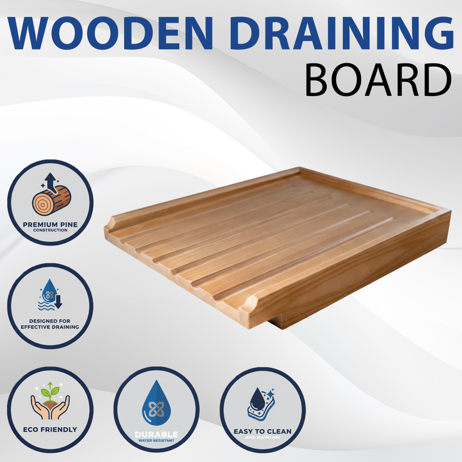 Astini Traditional Wooden Kitchen Sink Drainer Board with Lip - Solid Pine Wood