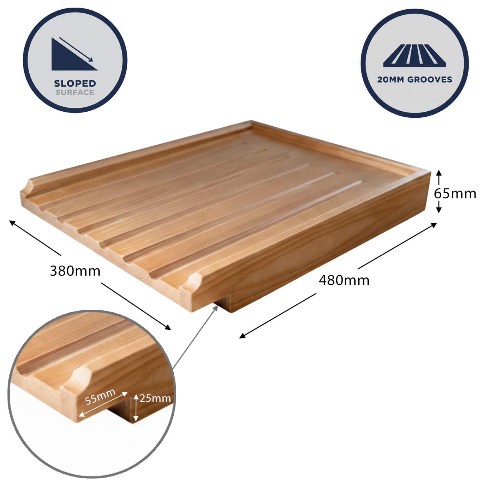 Astini Traditional Wooden Kitchen Sink Drainer Board with Lip - Solid Pine Wood