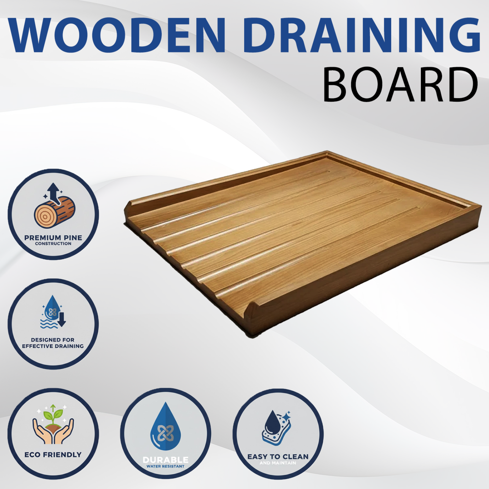 Astini Traditional Wooden Kitchen Sink Drainer Board - Solid Pine Wood