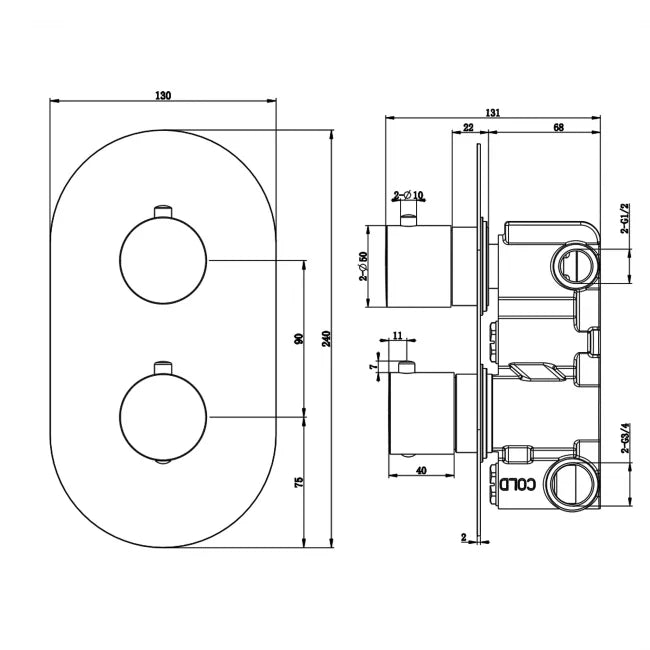 RAK Showering Black Thermostatic Dual Outlet Concealed Shower Valve RAKSHW3202RB