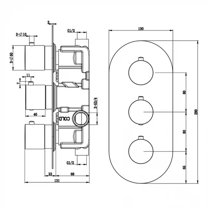 RAK Showering Black Thermostatic 3 Handle 2 Outlet Concealed Shower Valve - RAKSHW3203RB