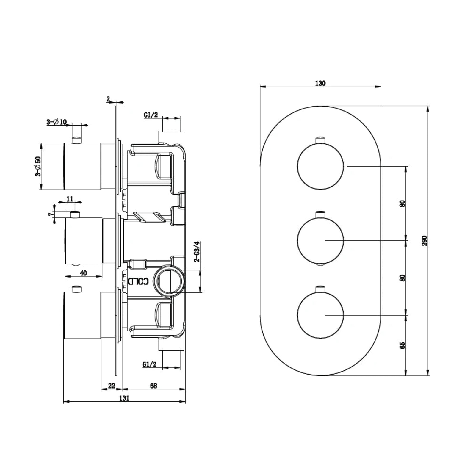 RAK Showering Chrome Thermostatic 2 Outlet Concealed Shower Valve - RAKSHW3203R
