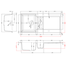 Technical drawing of a kitchen sink with dimensions and specifications.