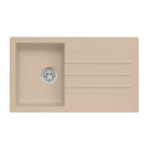 Beige kitchen sink with a single bowl on a white background