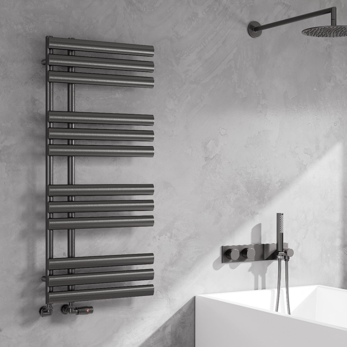 Reina Chisa Mild Steel Wall Mounted Heated Towel Rail Radiator Brushed Gun Metal