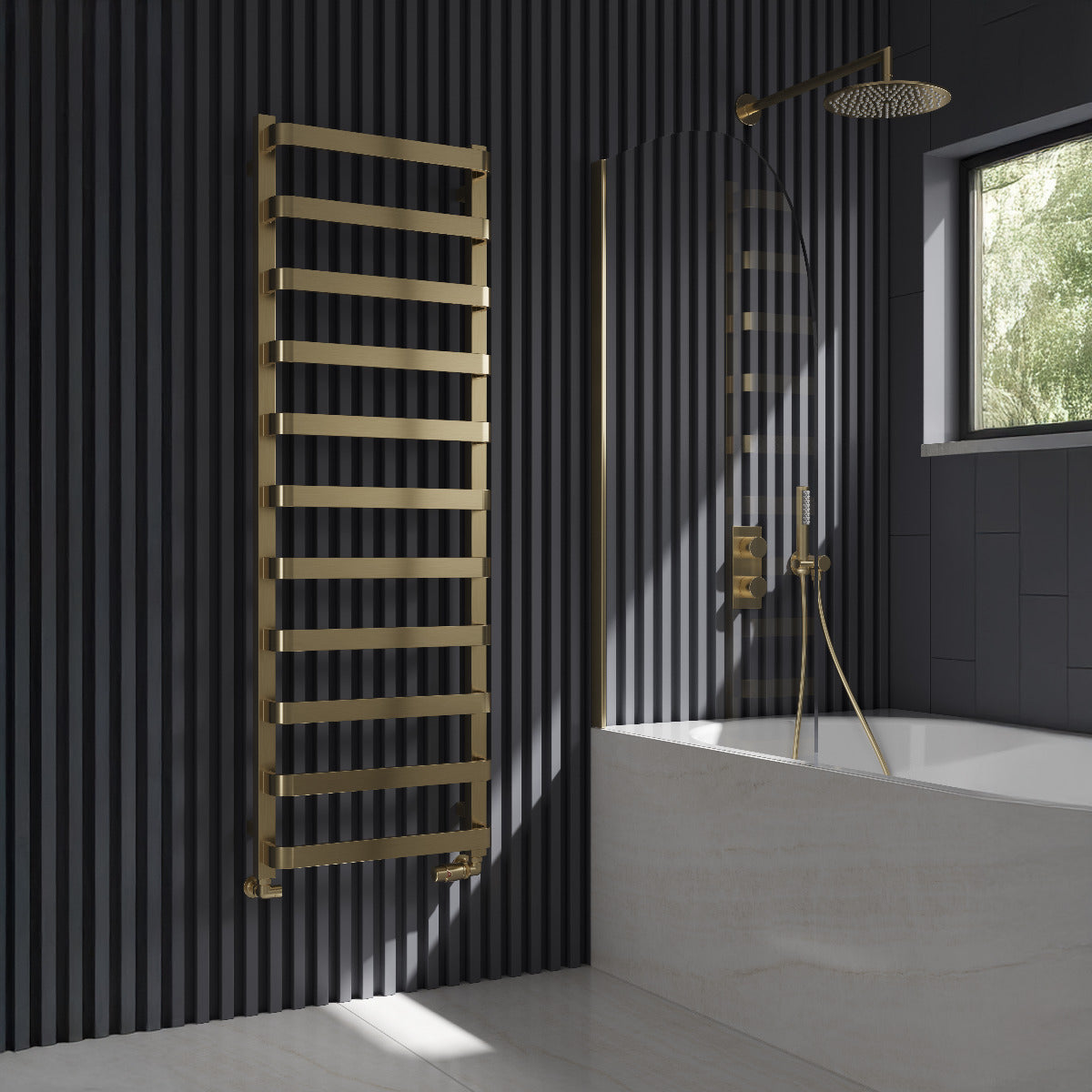 Reina Flora Mild Steel Wall Mounted Heated Towel Rail Radiator Brushed Brass