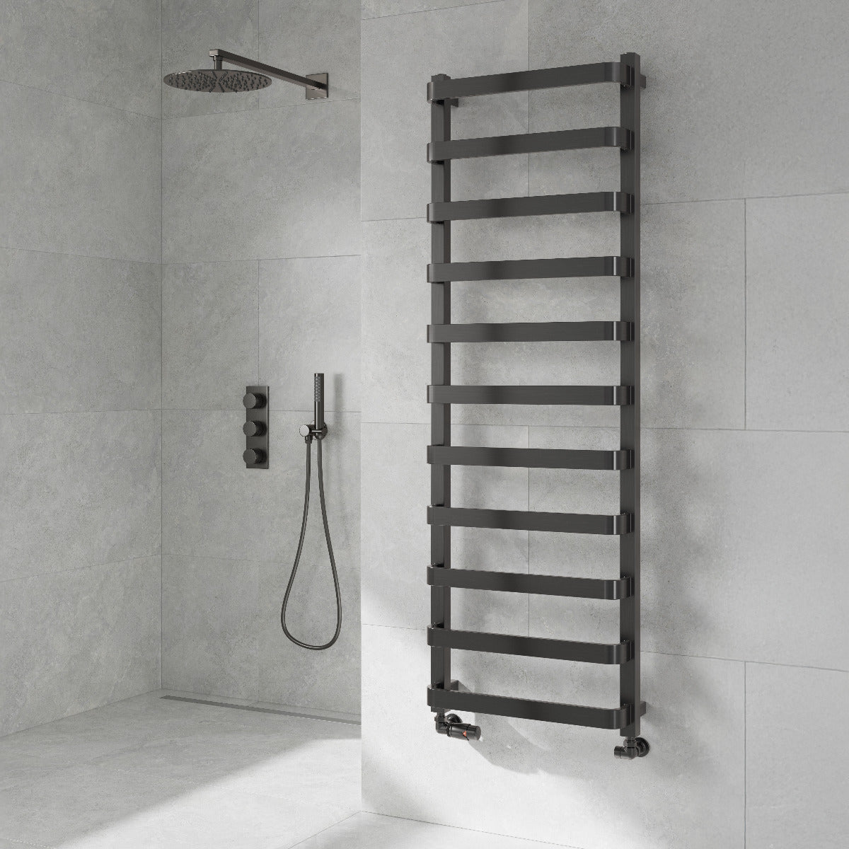 Reina Flora Mild Steel Wall Mounted Heated Towel Rail Radiator Brushed Gun Metal
