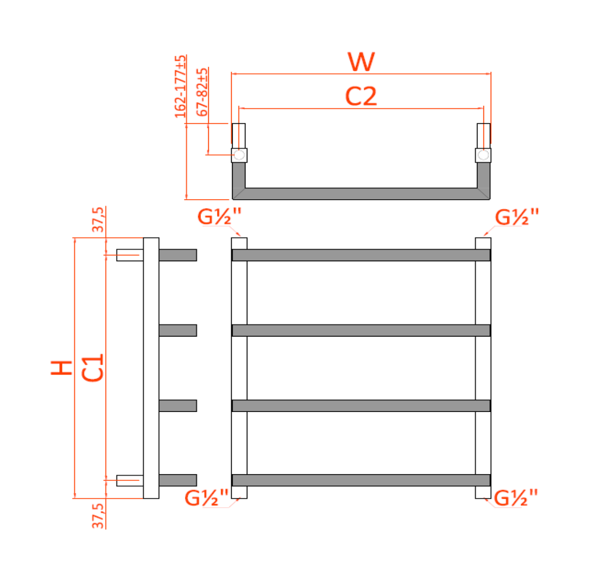 Reina Glora Mild Steel Wall Mounted Heated Towel Rail Radiator Anthracite