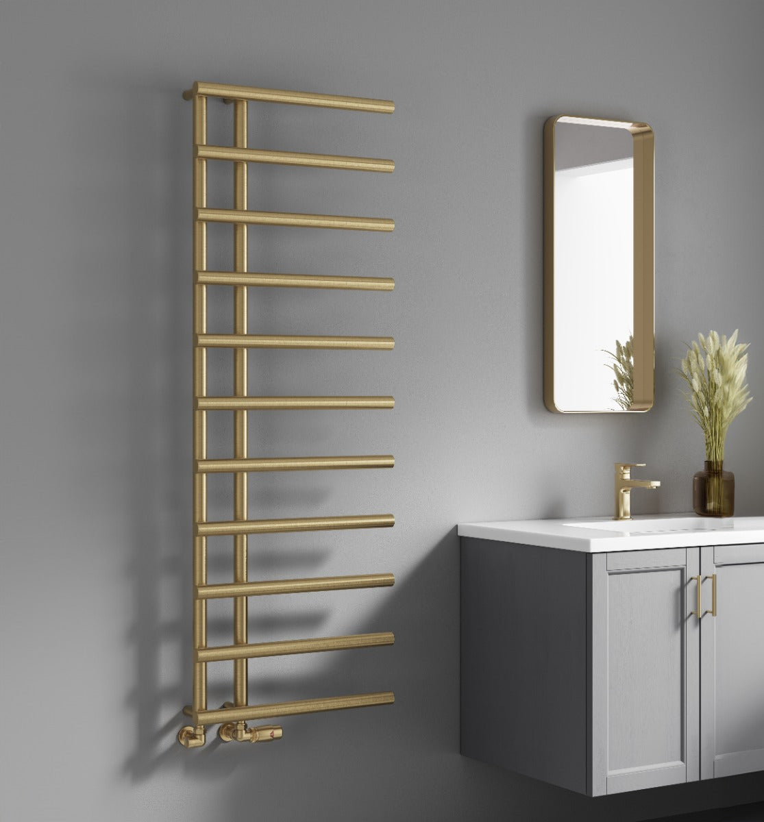Reina Matera Mild Steel Wall Mounted Heated Towel Rail Radiator Brushed Brass