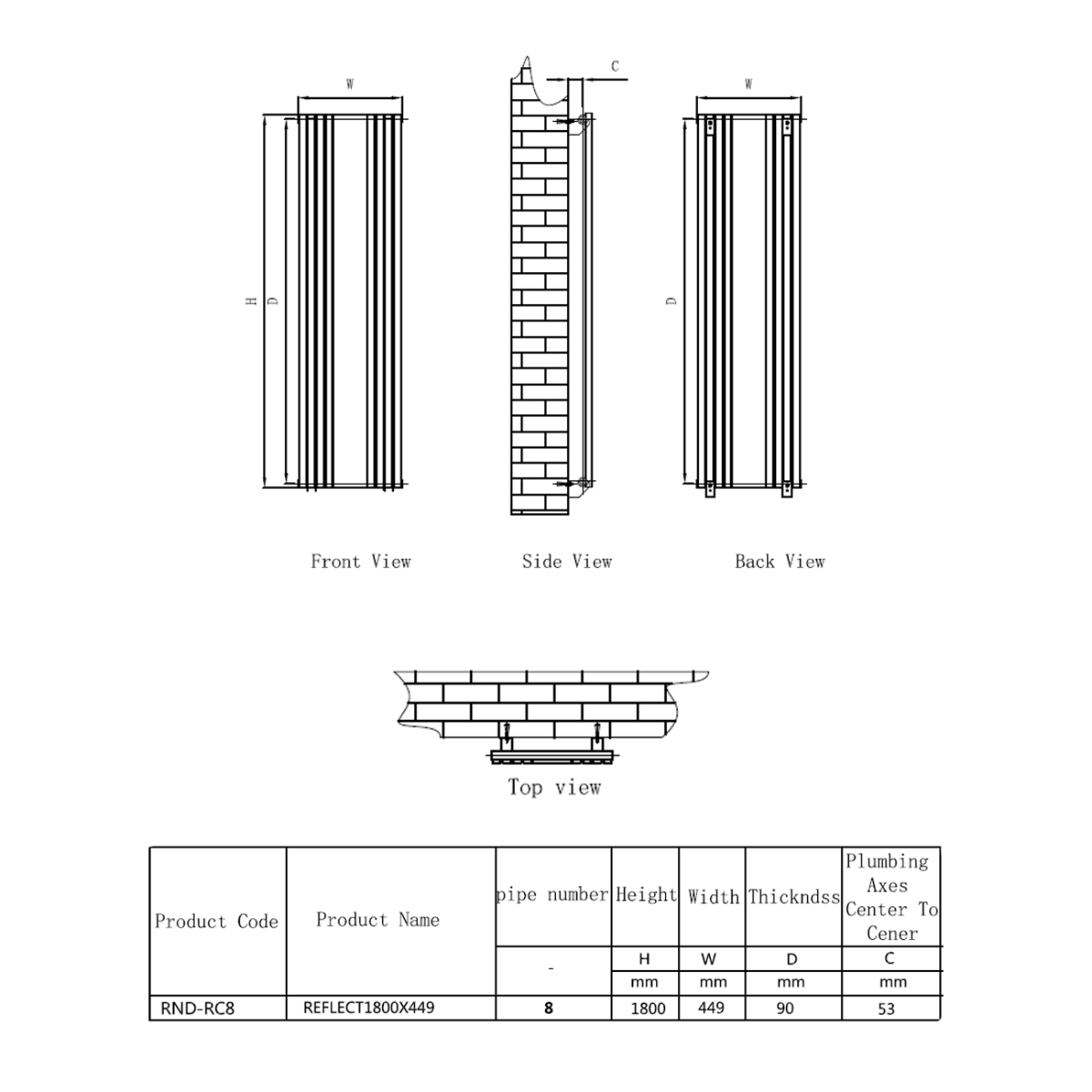 Reina Reflect Mild Steel 1800x445 Wall Mounted Heated Towel Rail Radiator