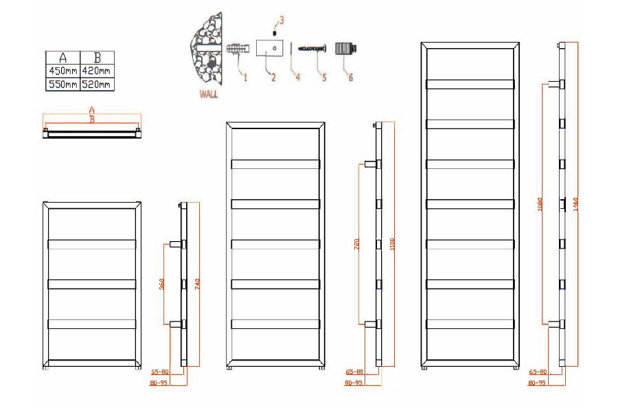 Reina Rezzo Mild Steel Wall Mounted Heated Towel Rail Radiator Black