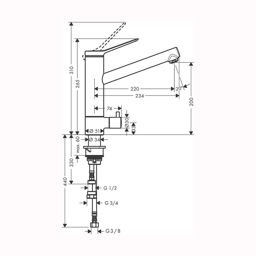 Hansgrohe Zesis M33 Chrome 200 1 Jet Coolstart Single Lever Kitchen Sink Mixer Tap 74807000