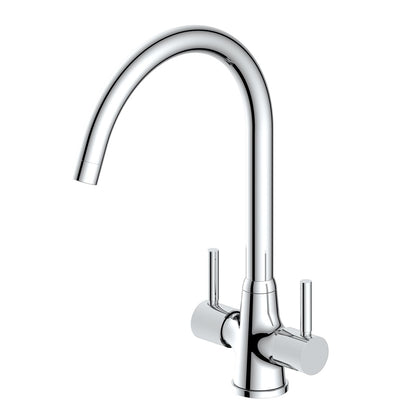 Chrome kitchen faucet on a white background